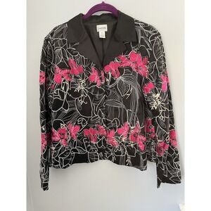Chico's Women's Size 2‎ Blazer Black with Pink Floral Embroidered Long Sleeve